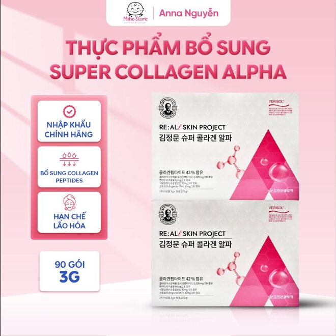 Thực Phẩm Bổ Sung Super Collagen Alpha 1250mg Hỗ Trợ Đàn Hồi Dưỡng Ẩm Da Tóc Móng Khỏe Hộp 90 Gói
